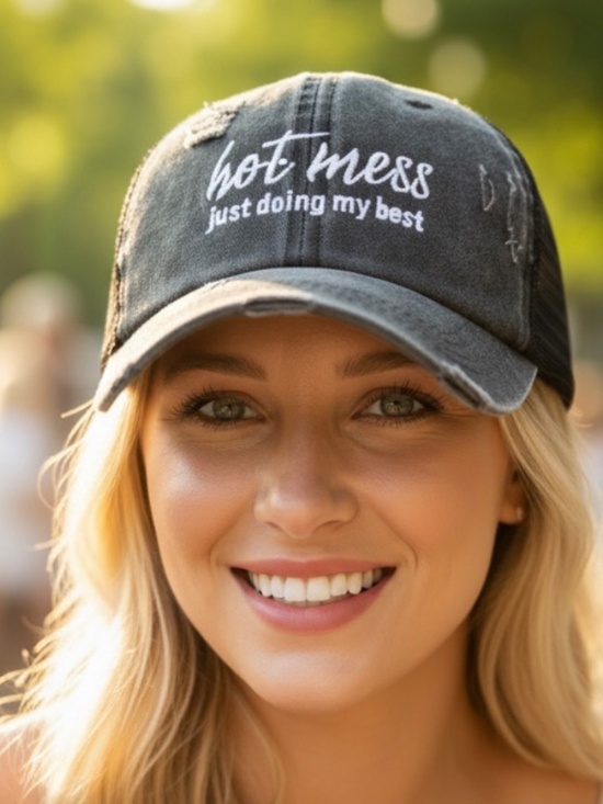 Accessories - Hot Mess, Just doing my Best Graphic Embroidered Baseball Ponytail Cap